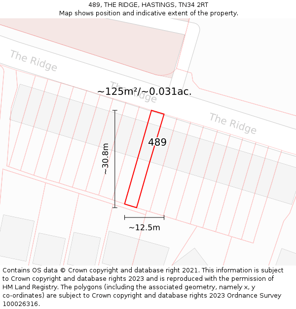 489, THE RIDGE, HASTINGS, TN34 2RT: Plot and title map