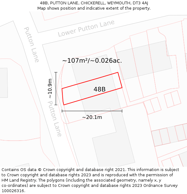 48B, PUTTON LANE, CHICKERELL, WEYMOUTH, DT3 4AJ: Plot and title map