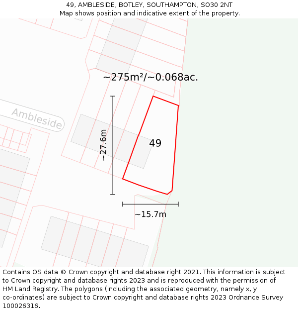 49, AMBLESIDE, BOTLEY, SOUTHAMPTON, SO30 2NT: Plot and title map
