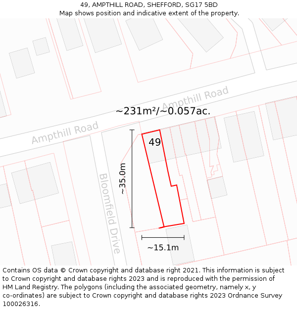 49, AMPTHILL ROAD, SHEFFORD, SG17 5BD: Plot and title map