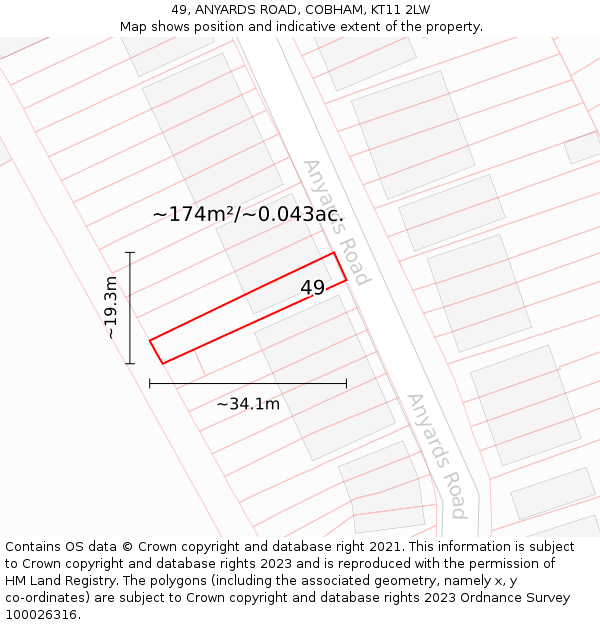 49, ANYARDS ROAD, COBHAM, KT11 2LW: Plot and title map