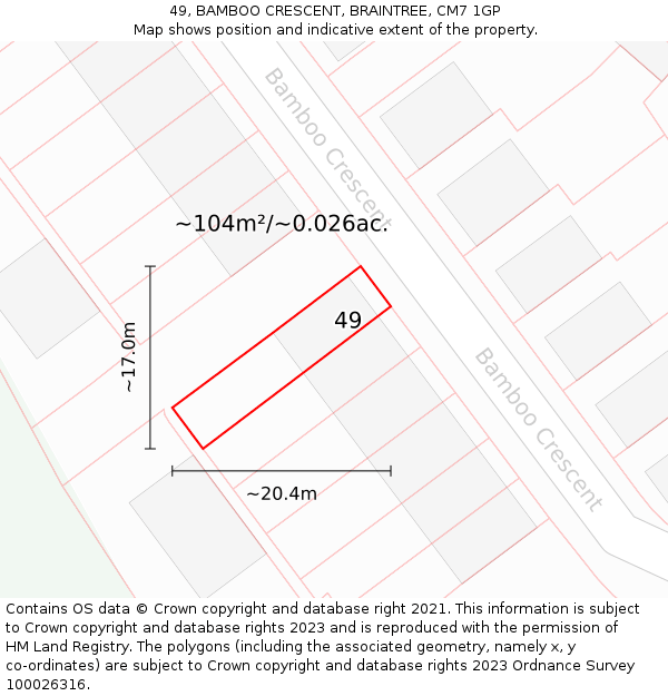 49, BAMBOO CRESCENT, BRAINTREE, CM7 1GP: Plot and title map