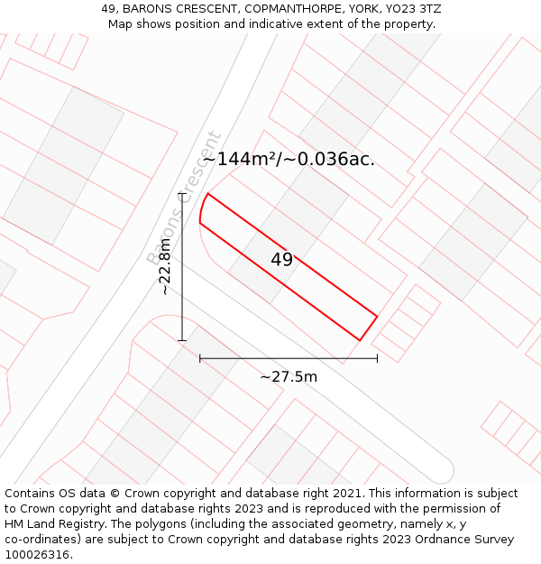 49, BARONS CRESCENT, COPMANTHORPE, YORK, YO23 3TZ: Plot and title map