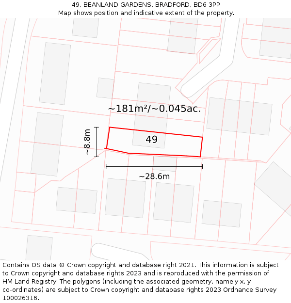 49, BEANLAND GARDENS, BRADFORD, BD6 3PP: Plot and title map