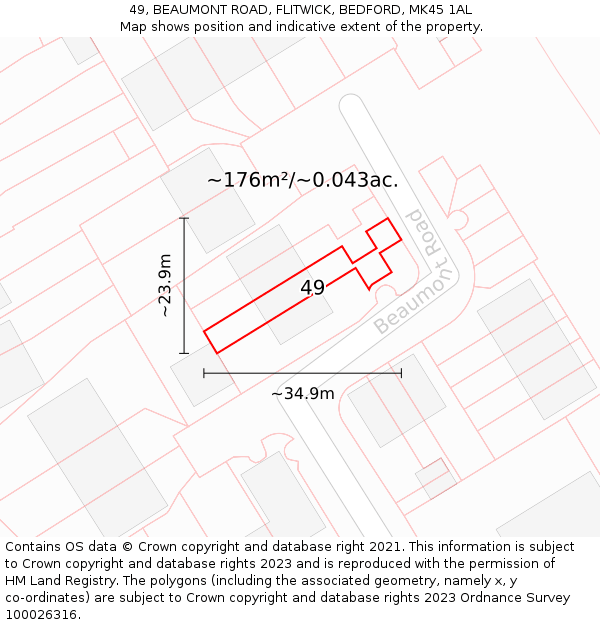 49, BEAUMONT ROAD, FLITWICK, BEDFORD, MK45 1AL: Plot and title map