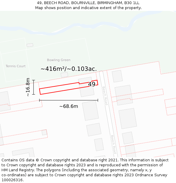 49, BEECH ROAD, BOURNVILLE, BIRMINGHAM, B30 1LL: Plot and title map