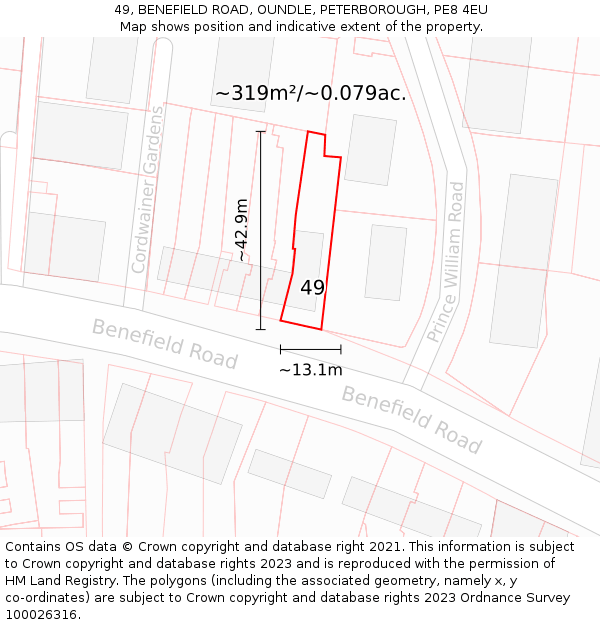 49, BENEFIELD ROAD, OUNDLE, PETERBOROUGH, PE8 4EU: Plot and title map