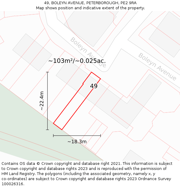 49, BOLEYN AVENUE, PETERBOROUGH, PE2 9RA: Plot and title map