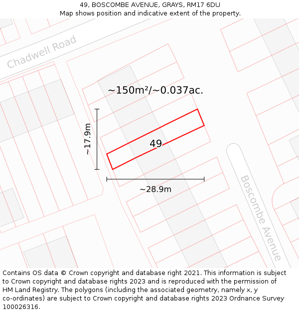 49, BOSCOMBE AVENUE, GRAYS, RM17 6DU: Plot and title map