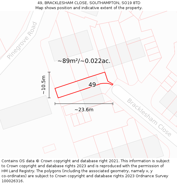 49, BRACKLESHAM CLOSE, SOUTHAMPTON, SO19 8TD: Plot and title map