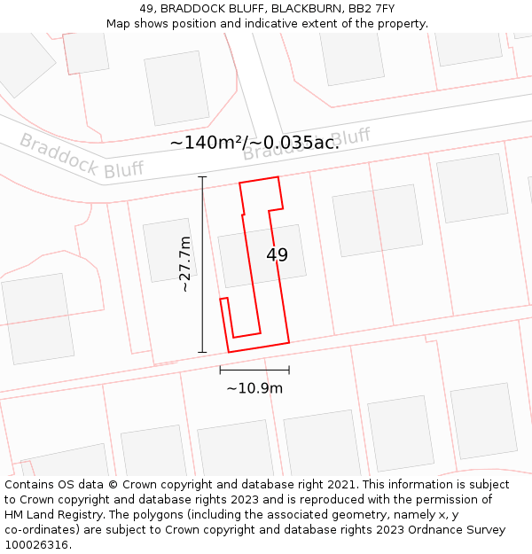 49, BRADDOCK BLUFF, BLACKBURN, BB2 7FY: Plot and title map