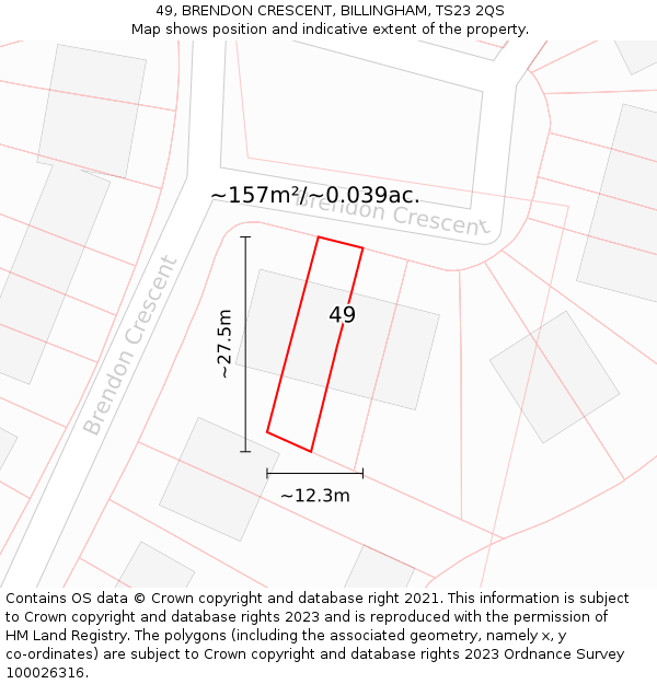 49, BRENDON CRESCENT, BILLINGHAM, TS23 2QS: Plot and title map