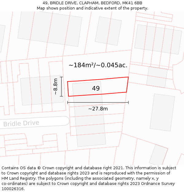 49, BRIDLE DRIVE, CLAPHAM, BEDFORD, MK41 6BB: Plot and title map