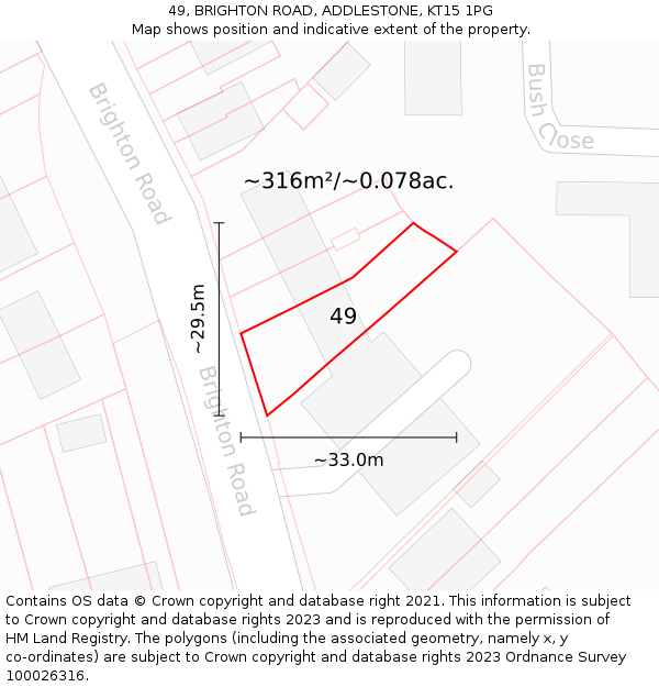 49, BRIGHTON ROAD, ADDLESTONE, KT15 1PG: Plot and title map