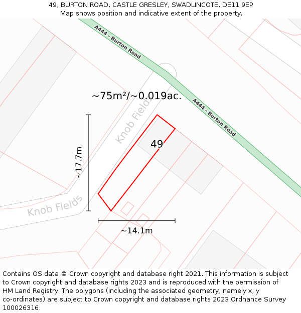 49, BURTON ROAD, CASTLE GRESLEY, SWADLINCOTE, DE11 9EP: Plot and title map