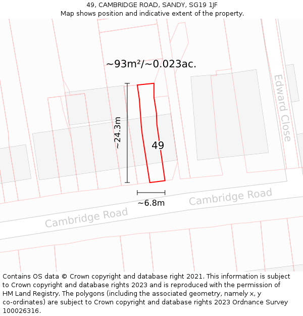 49, CAMBRIDGE ROAD, SANDY, SG19 1JF: Plot and title map