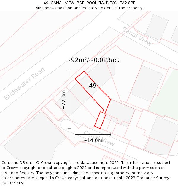49, CANAL VIEW, BATHPOOL, TAUNTON, TA2 8BF: Plot and title map