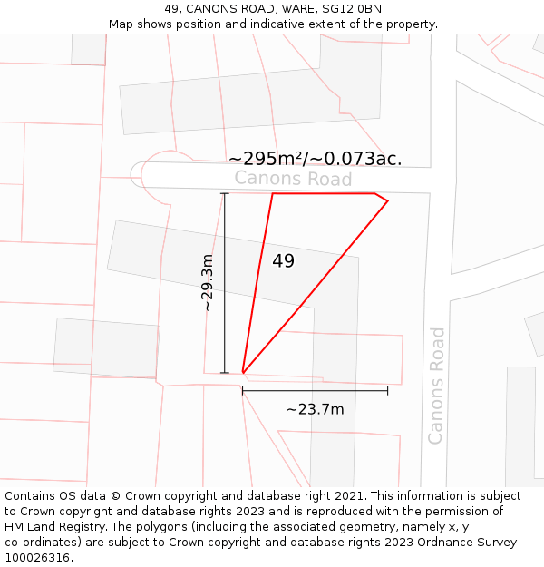 49, CANONS ROAD, WARE, SG12 0BN: Plot and title map