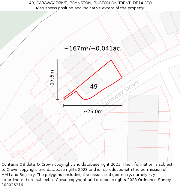 49, CARAWAY DRIVE, BRANSTON, BURTON-ON-TRENT, DE14 3FQ: Plot and title map