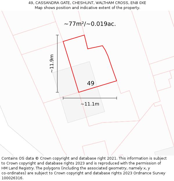 49, CASSANDRA GATE, CHESHUNT, WALTHAM CROSS, EN8 0XE: Plot and title map