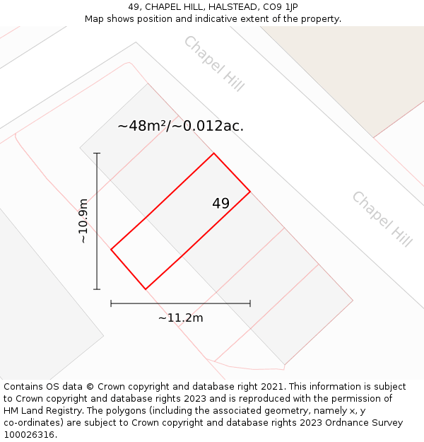 49, CHAPEL HILL, HALSTEAD, CO9 1JP: Plot and title map