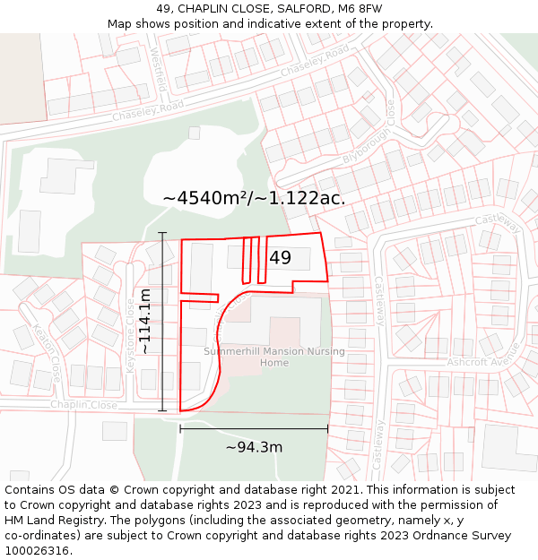 49, CHAPLIN CLOSE, SALFORD, M6 8FW: Plot and title map