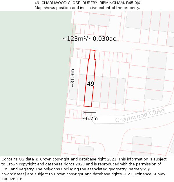 49, CHARNWOOD CLOSE, RUBERY, BIRMINGHAM, B45 0JX: Plot and title map