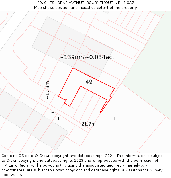 49, CHESILDENE AVENUE, BOURNEMOUTH, BH8 0AZ: Plot and title map