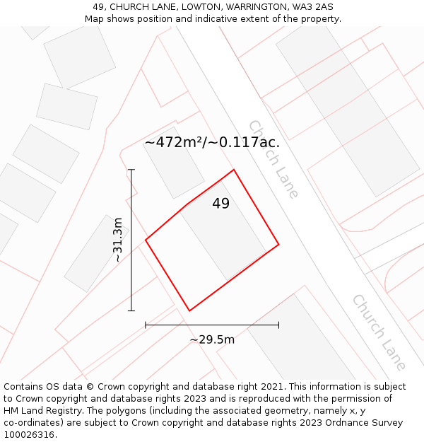 49, CHURCH LANE, LOWTON, WARRINGTON, WA3 2AS: Plot and title map
