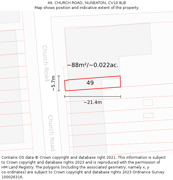 49, CHURCH ROAD, NUNEATON, CV10 8LB: Plot and title map