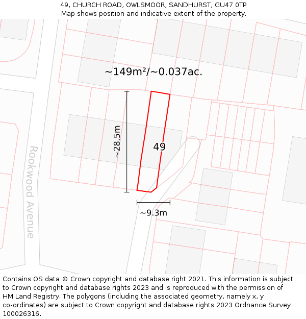49, CHURCH ROAD, OWLSMOOR, SANDHURST, GU47 0TP: Plot and title map