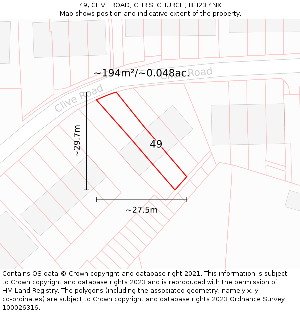49, CLIVE ROAD, CHRISTCHURCH, BH23 4NX: Plot and title map