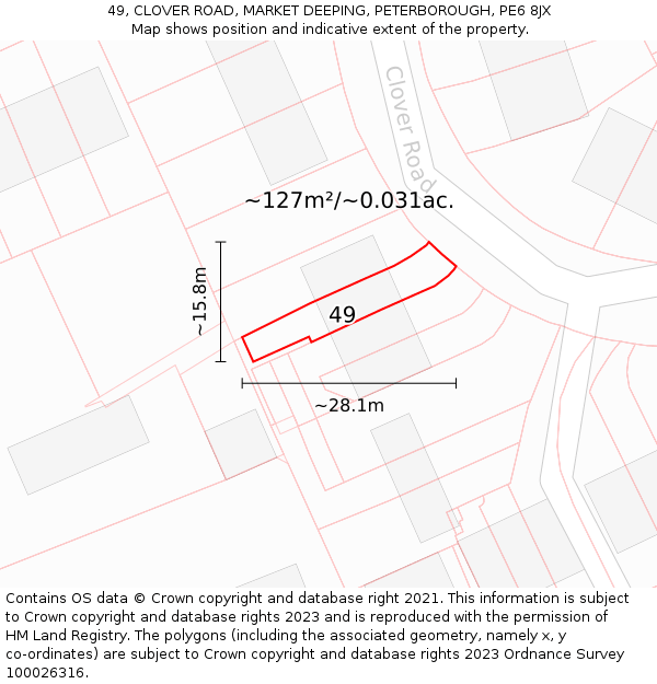 49, CLOVER ROAD, MARKET DEEPING, PETERBOROUGH, PE6 8JX: Plot and title map