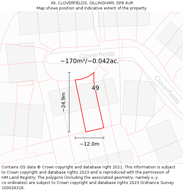 49, CLOVERFIELDS, GILLINGHAM, SP8 4UR: Plot and title map