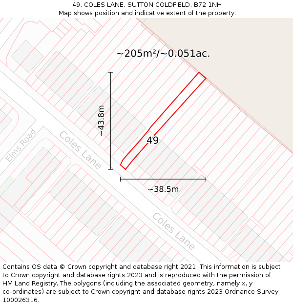 49, COLES LANE, SUTTON COLDFIELD, B72 1NH: Plot and title map