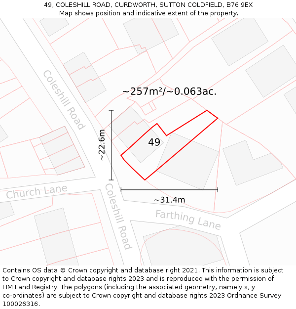 49, COLESHILL ROAD, CURDWORTH, SUTTON COLDFIELD, B76 9EX: Plot and title map