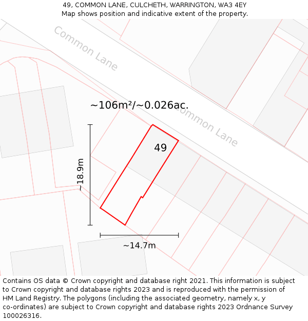 49, COMMON LANE, CULCHETH, WARRINGTON, WA3 4EY: Plot and title map