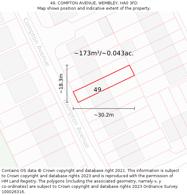 49, COMPTON AVENUE, WEMBLEY, HA0 3FD: Plot and title map