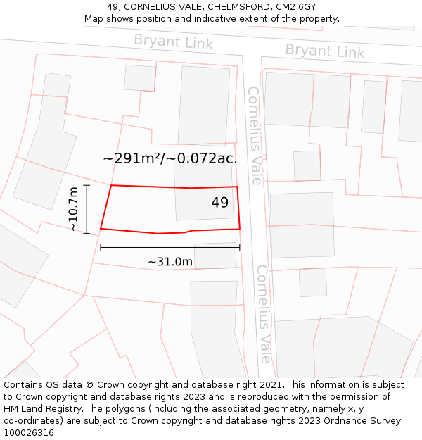 49, CORNELIUS VALE, CHELMSFORD, CM2 6GY: Plot and title map