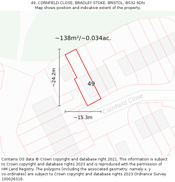 49, CORNFIELD CLOSE, BRADLEY STOKE, BRISTOL, BS32 9DN: Plot and title map