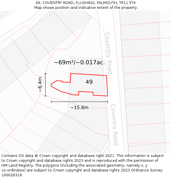 49, COVENTRY ROAD, FLUSHING, FALMOUTH, TR11 5TX: Plot and title map