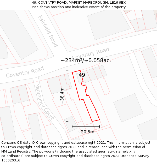 49, COVENTRY ROAD, MARKET HARBOROUGH, LE16 9BX: Plot and title map