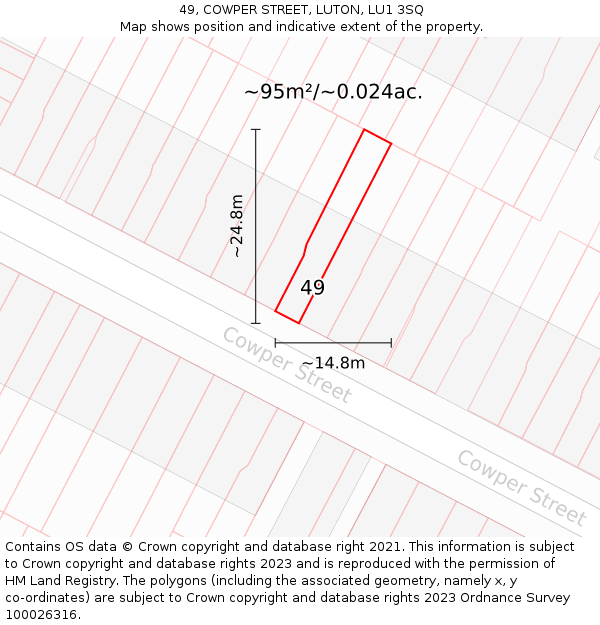 49, COWPER STREET, LUTON, LU1 3SQ: Plot and title map