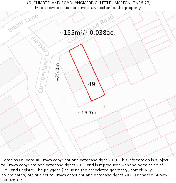 49, CUMBERLAND ROAD, ANGMERING, LITTLEHAMPTON, BN16 4BJ: Plot and title map