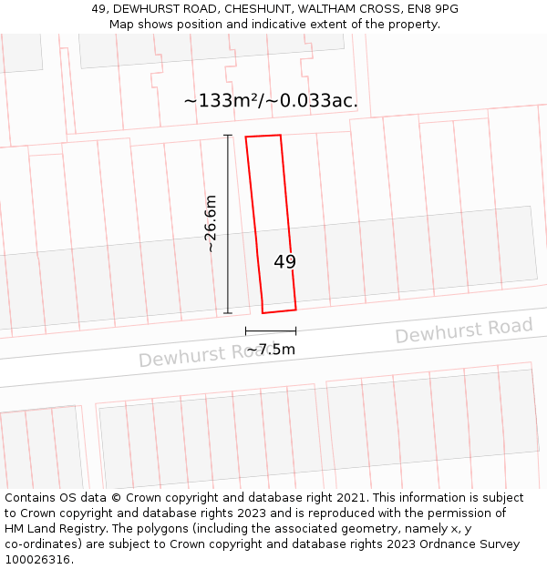 49, DEWHURST ROAD, CHESHUNT, WALTHAM CROSS, EN8 9PG: Plot and title map