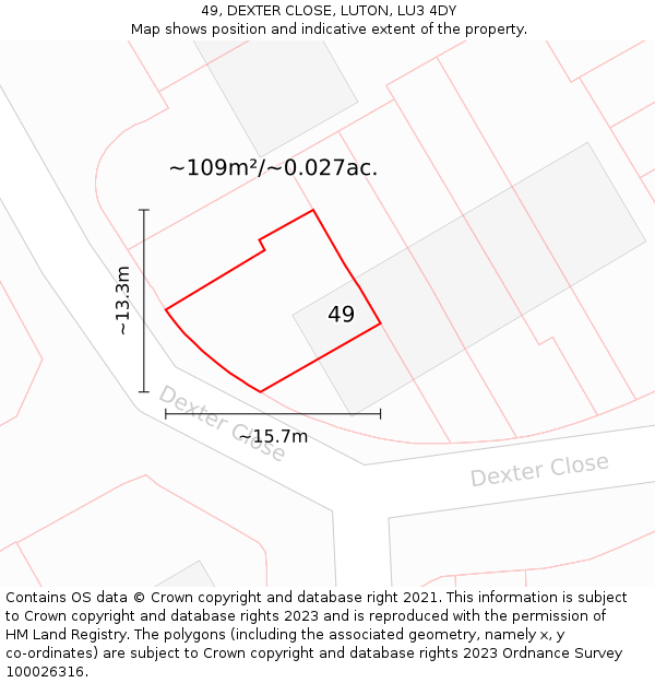 49, DEXTER CLOSE, LUTON, LU3 4DY: Plot and title map