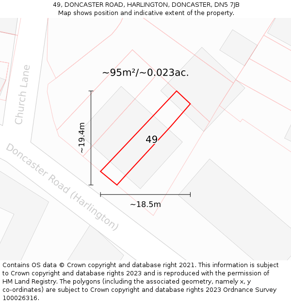 49, DONCASTER ROAD, HARLINGTON, DONCASTER, DN5 7JB: Plot and title map