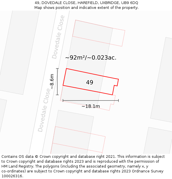 49, DOVEDALE CLOSE, HAREFIELD, UXBRIDGE, UB9 6DQ: Plot and title map