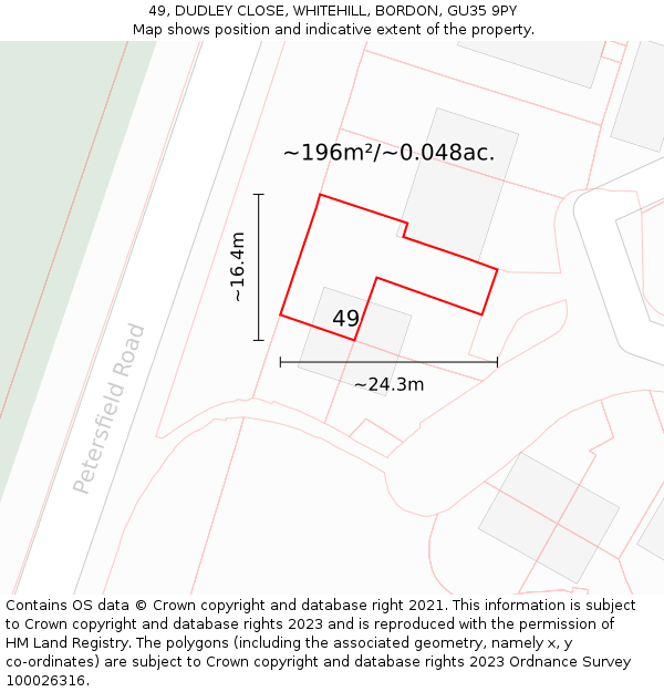 49, DUDLEY CLOSE, WHITEHILL, BORDON, GU35 9PY: Plot and title map