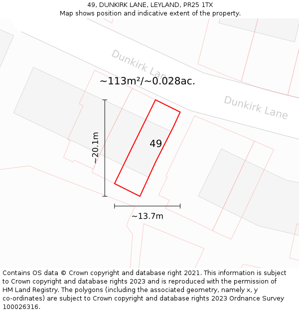 49, DUNKIRK LANE, LEYLAND, PR25 1TX: Plot and title map